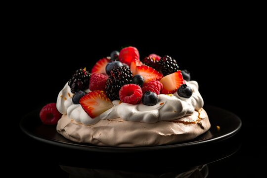 Tantalizingly Tasty Pavlova on a Black Background - Delicious Cream, Fresh Berries, and Sweet Fruit for a Perfect Dessert Meal, Generative AI