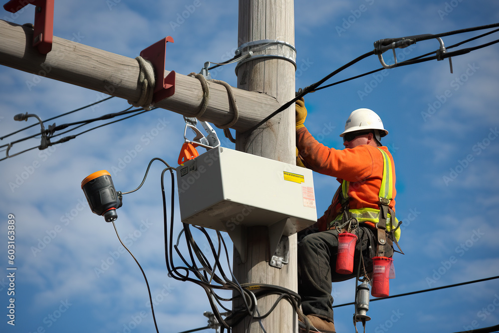 Poster a construction worker is working on a power pole. generative ai. power line workers.