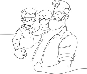 Hugs of a father with a child. One continuous line drawing banner, background, poster with family embrace. Happy Father Day simple vector illustration of child and father. Vector illustration