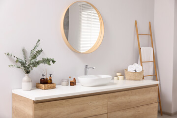 Beautiful stylish interior of bathroom with mirror and wash basin - obrazy, fototapety, plakaty