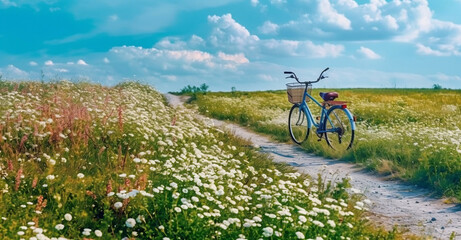 Fototapeta premium Idyllic Bicycle Ride through a Blossoming Meadow on a Sunny Day, generative AI