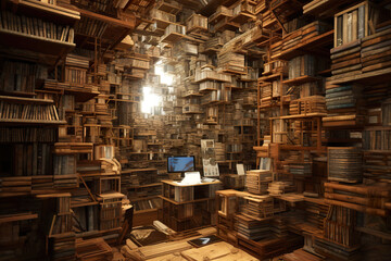 Obraz premium A room filled with lots of wooden books. Generative AI. Library of ancient wisdom.