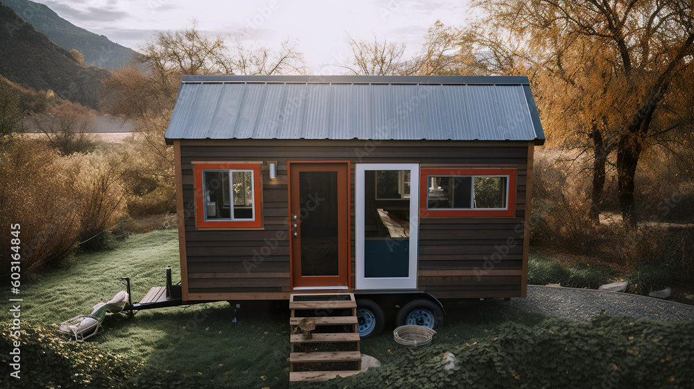 Poster a tiny house sitting in the middle of a field. generative ai.
