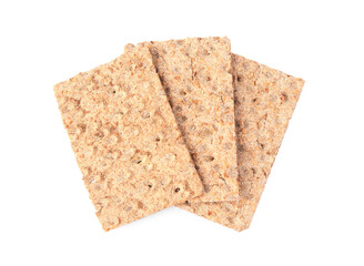 Fresh crunchy crispbreads on white background, top view