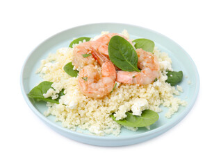 Plate of delicious couscous with shrimps and spinach isolated on white