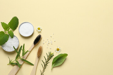 Flat lay composition with bamboo toothbrushes, sea salt and herbs on beige background. Space for text