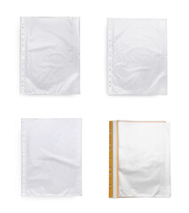 Collage with punched pockets and file folder on white background, top view