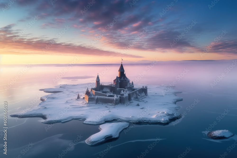Poster a castle on an ice floer in the middle of the ocean. generative ai.