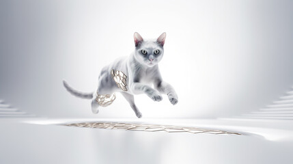 A cat with a robotic body jumping in the air with a chain around its neck. Generative AI.