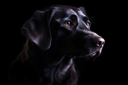 Black dog on a dark background. Generative AI technology