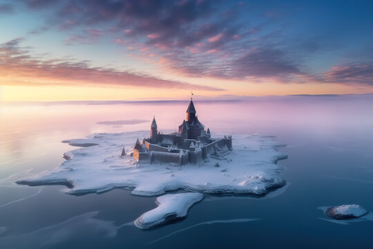 A castle on an ice floer in the middle of the ocean. Generative AI.