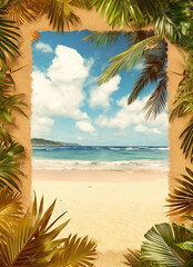 Tropical Summer Getaway with Palm Leaves and Golden Beach Frame, generative AI