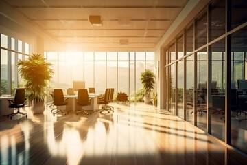Light-filled office with panoramic windows and modern decor,, generative AI
