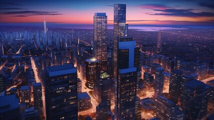 skyscraper, with its sleek lines, reflective glass facade, and vibrant city lights. Made by generative AI.