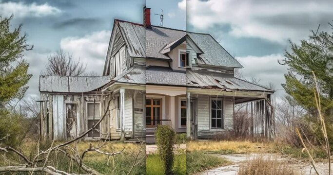Pan and Zoom Transition Showing Before and After of Abandoned Dilapidated House and Property to a Beautiful Renovated House and Landscaping - Generative AI Images Used.