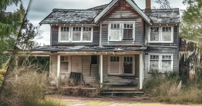 Pan and Zoom Transition Showing Before and After of Abandoned Dilapidated House and Property to a Beautiful Renovated House and Landscaping - Generative AI Images Used.