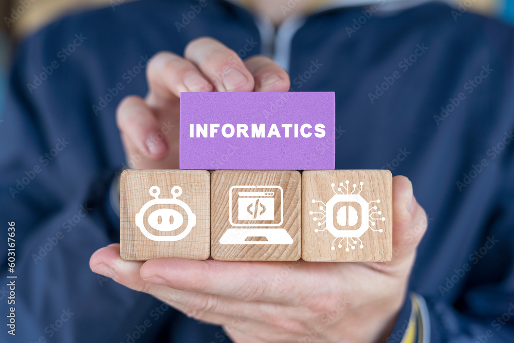 Poster schoolboy or student holding colorful blocks and sees word: informatics. informatics school computer