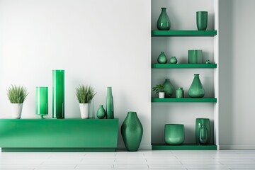 Retail Ideas mock up of color greenshelves standing against a white background. Generative AI
