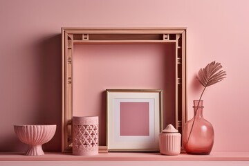 Pink backdrop with decorative pink wooden picture frame. Generative AI