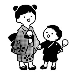 浴衣を着た小さな兄弟