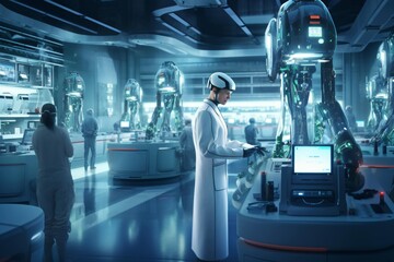 capturing a humanoid robot in a laboratory setting, surrounded by cutting-edge technology. Made by generative AI