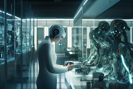 capturing a humanoid robot in a laboratory setting, surrounded by cutting-edge technology. Made by generative AI