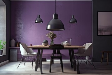 purple colors in the dining room. Very periwinkle and lavender violet in color with black accents. a big lamp. painted walls that are empty in a minimalist space. Mockup interior design Generative AI