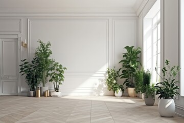 Realistic, lovely green houseplants in a corner of a white living room with a high ceiling, a traditional gypsum wall frame panel, and a wooden parquet floor. Mockup, Overlay, Mockup, Generative AI