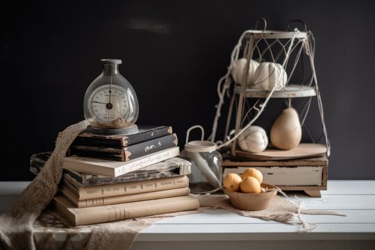 Scales in a kitchen with a farmhouse design and a stack of books. Craft product mockup in SVG for farmhouse décor. Theme of home sweet home. negative space for copy. Generative AI