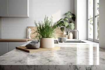Realistic white granite kitchen counter top with an empty area and green plants in a ceramic vase for decoration. Templates, Background, Product overlay display, Morning sunlight. Generative AI
