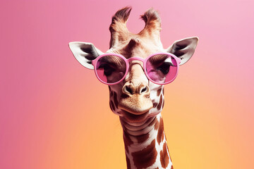Portrait of giraffe in sunglasses on a pink and beige background close-up, created with Generative AI technology.