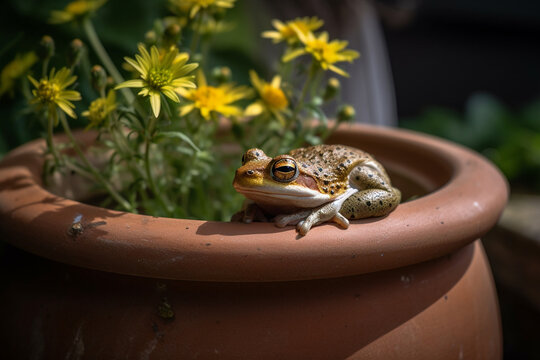 a frog in a flower pot