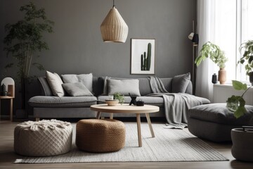 Fototapeta na wymiar Scandinavian design, pleasant living room, modern interior. Gray sofa with several pillows, adjacent ambry, home with decorations and potted plants, daylight, no one, open space. Generative AI