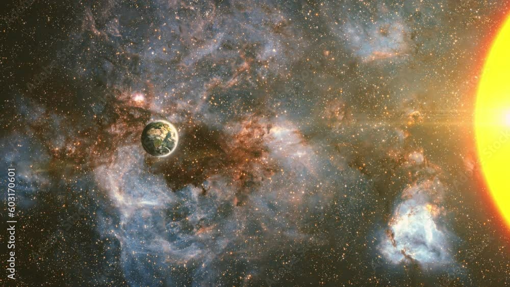 Aufkleber earth and sun with milky way galaxy background abstract universe animation. space flight into outer 
