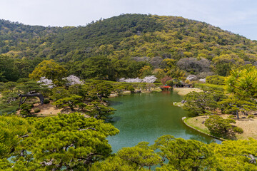 Fototapeta na wymiar Ritsurin Garden in Takamatsu City, Kagawa Prefecture, Japan, one of the most famous Japanese historical gardens.