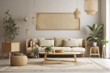 Scandinavian boho style living room with sofa, table, and accessories. mockup of a beige wall with greenery in the backdrop. illustration. Generative AI