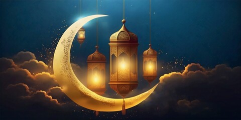 Elegant Islamic background with shining lantern, create with generative AI.