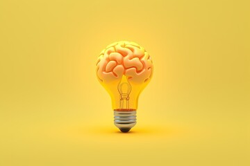 Brain shaped light bulb on yellow background, idea and creativity concept, Generative AI