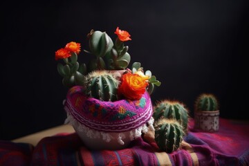 Vase with cactus and succulents on top of colorful cloth