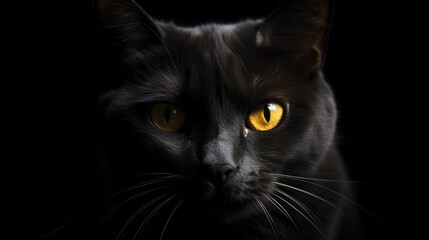 A black cat with yellow eyes staring generative ai