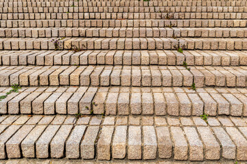 View of a staircase made of light-colored blocks in Naoshima, Japan