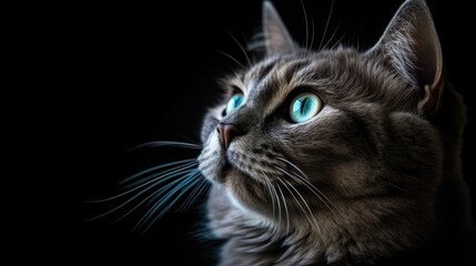 Fototapeta premium A gray cat with blue eyes looking. generative ai