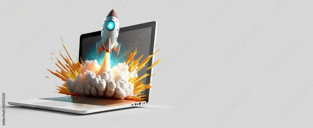 Wall mural Laptop and rocket flying from the screen, white background with space for text, startup concept, Generative AI