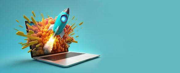 Laptop and rocket flying from the screen, blue background with space for text, startup concept, Generative AI - obrazy, fototapety, plakaty