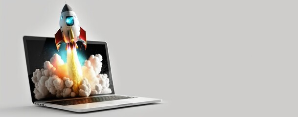 Laptop and rocket flying from the screen, white background with space for text, startup concept, Generative AI