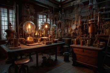 Steampunk Lab, old science lab with steam engines, Generative AI