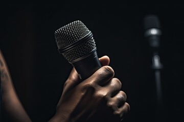 Hand holding a microphone . Generative AI