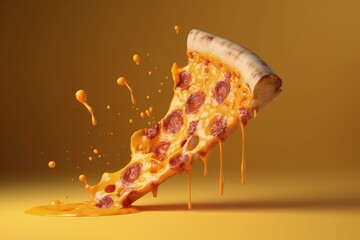 Pizza slice falling and crumbling on yellow background, pepperoni pizza slice, Generative AI