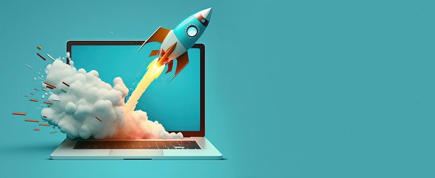 Laptop and rocket flying from the screen, blue background with space for text, startup concept, Generative AI