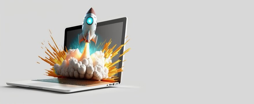 Laptop and rocket flying from the screen, white background with space for text, startup concept, Generative AI